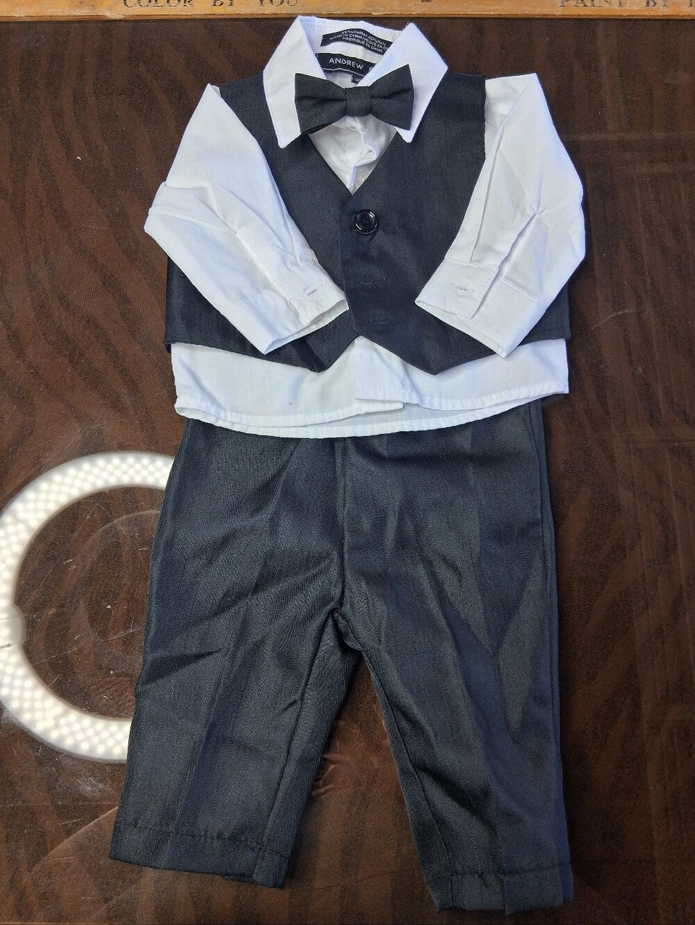 Baby Boy Formal Vest Set with Bow Tie - Charcoal and White 3-6m